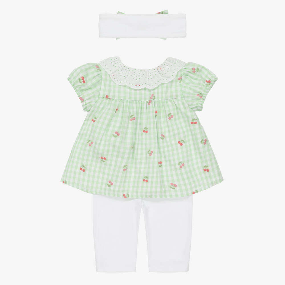 Little Me-Baby Girls Green Gingham Cherry & White Cotton Leggings Set | Childrensalon Outlet