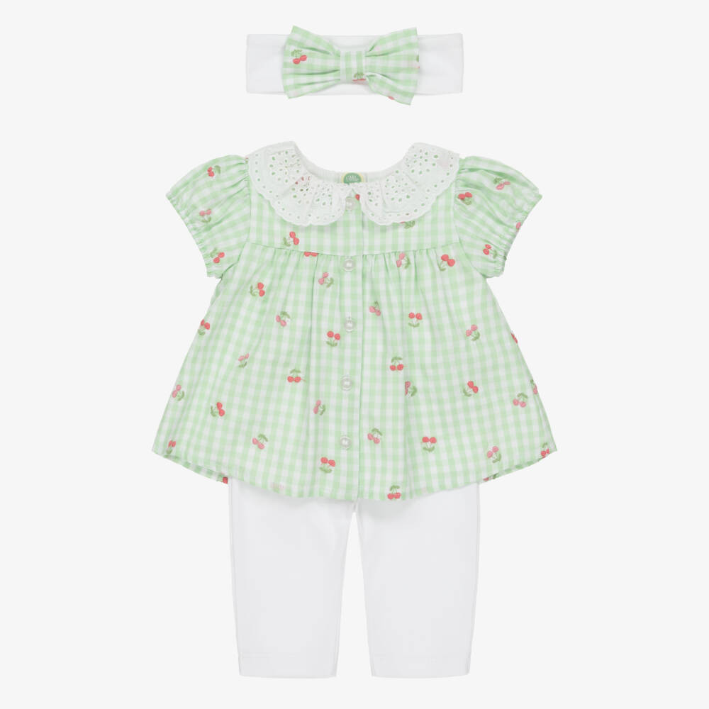 Little Me-Baby Girls Green Gingham Cherry & White Cotton Leggings Set | Childrensalon Outlet