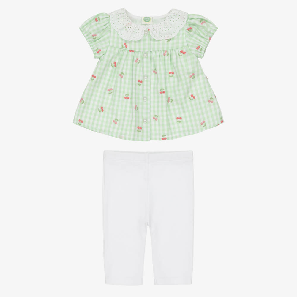 Little Me-Baby Girls Green Gingham Cherry & White Cotton Leggings Set | Childrensalon Outlet