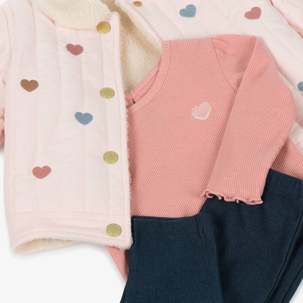 Little Me-Baby Girls Pink & Blue Trouser Set with Embroidered Hearts | Childrensalon Outlet