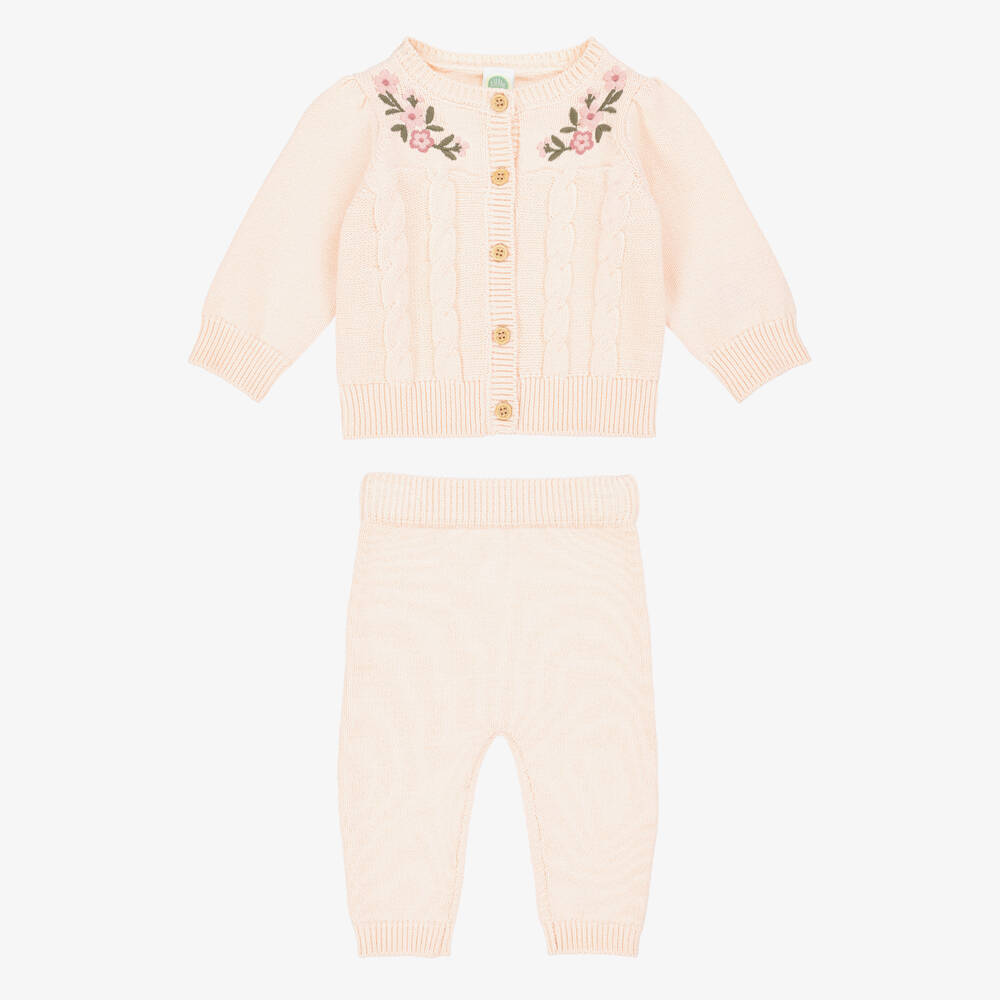 Little Me-Baby Girls Pink Cotton Knit Trouser Set with Floral Embroidery | Childrensalon Outlet