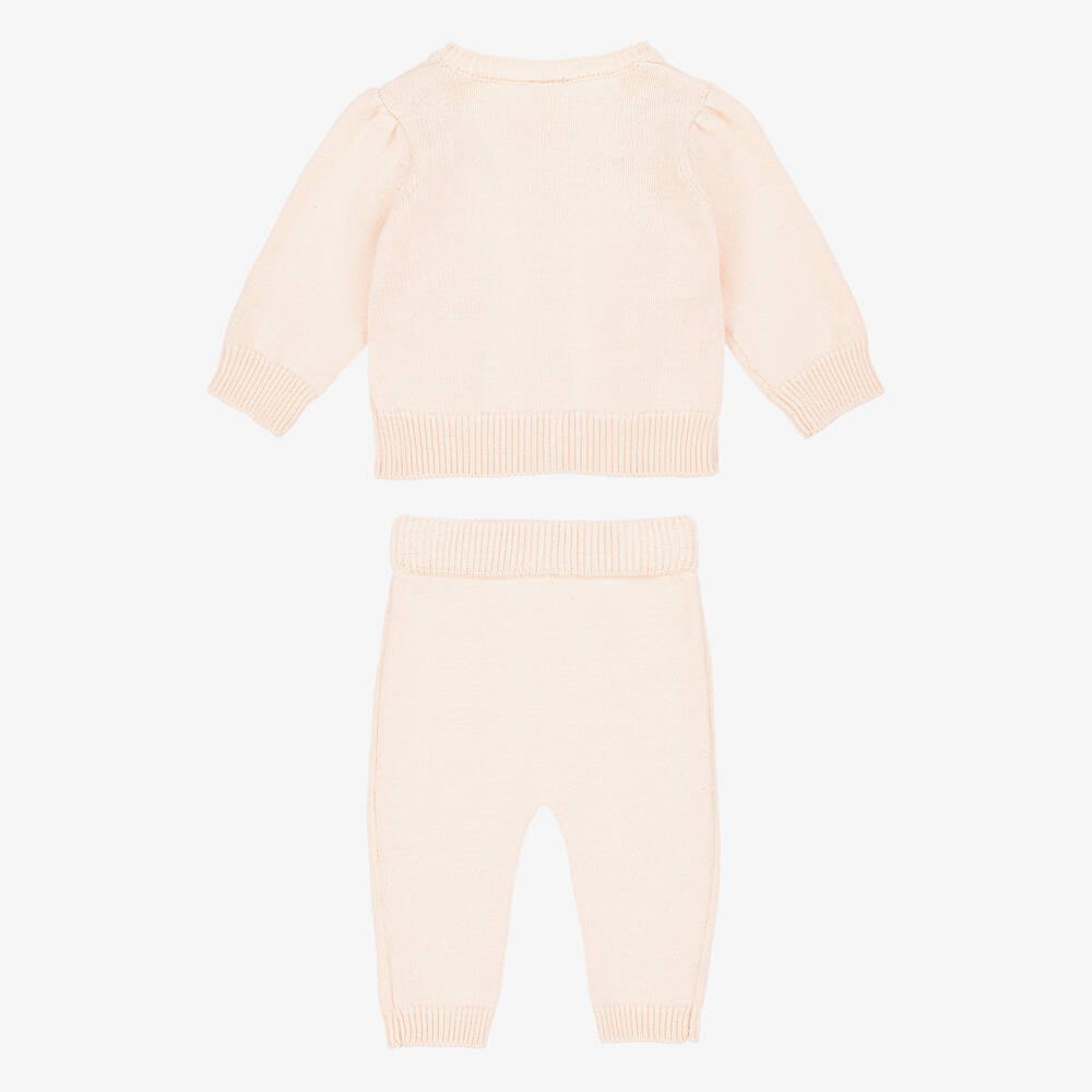 Little Me-Baby Girls Pink Cotton Knit Trouser Set with Floral Embroidery | Childrensalon Outlet