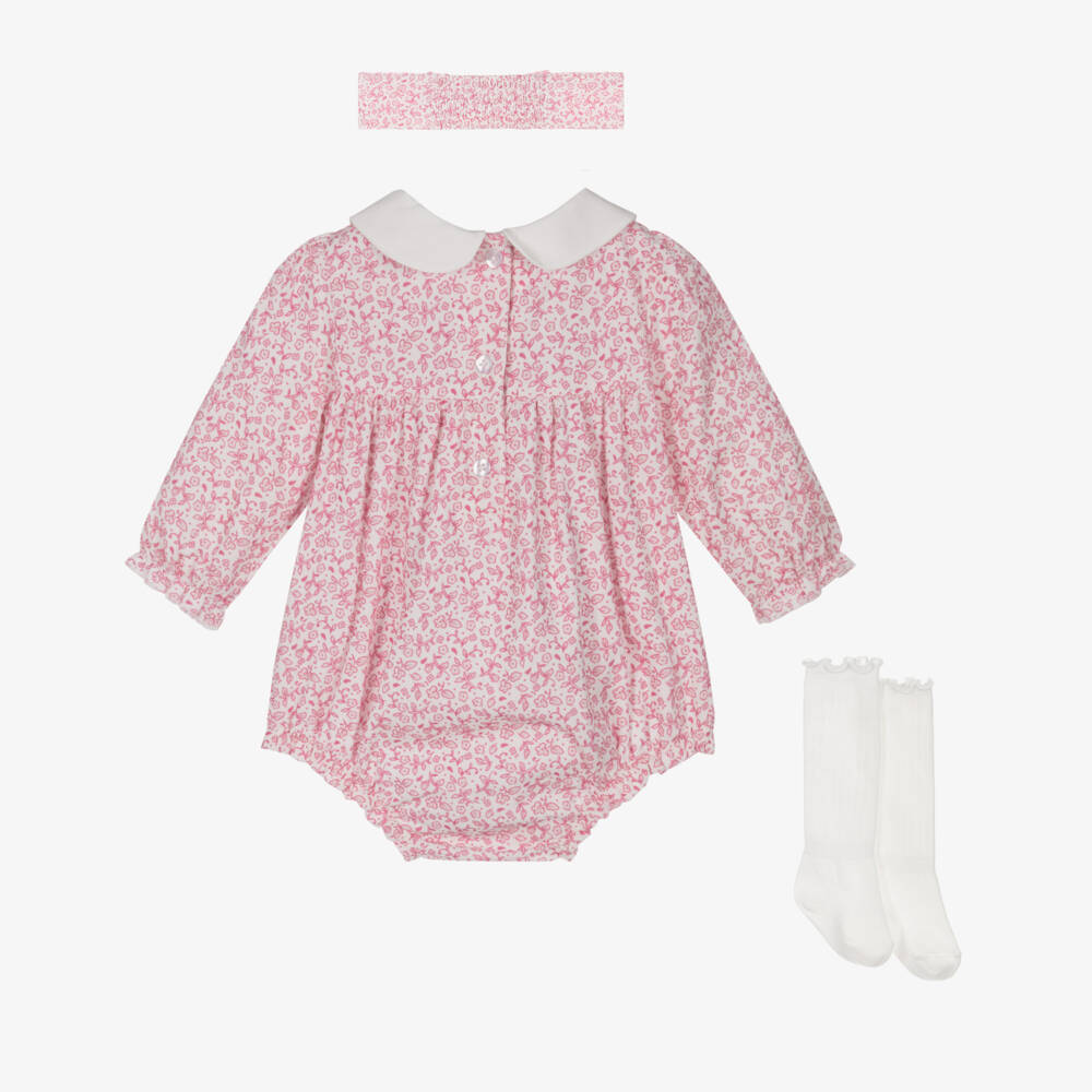 Little Me-Baby Girls Pink Floral Needlecord Shortie Set with Smocking | Childrensalon Outlet