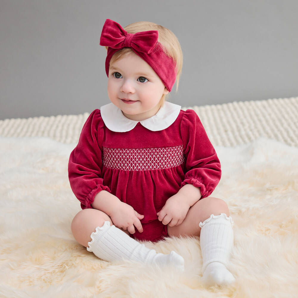 Little Me-Baby Girls Red Velour Smocked Shortie Set | Childrensalon Outlet
