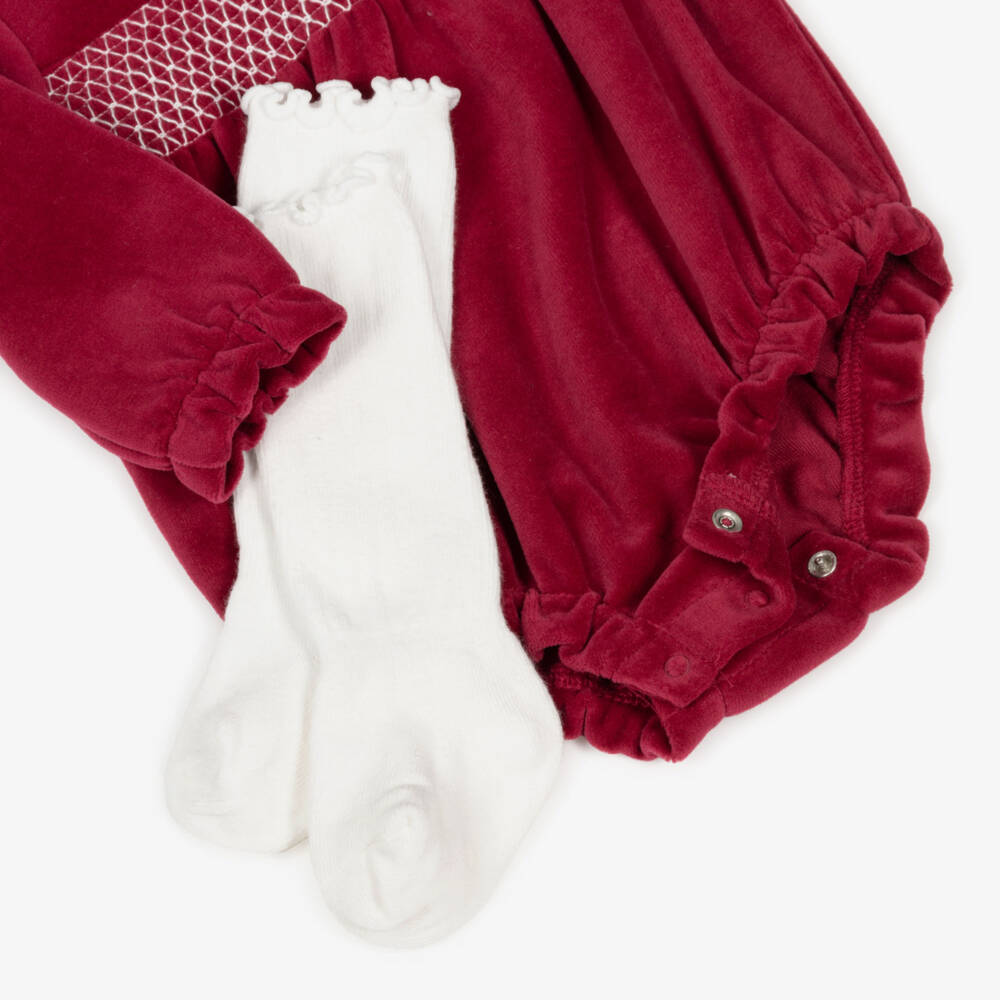 Little Me-Baby Girls Red Velour Smocked Shortie Set | Childrensalon Outlet