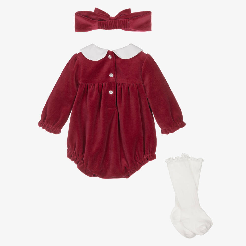 Little Me-Baby Girls Red Velour Smocked Shortie Set | Childrensalon Outlet