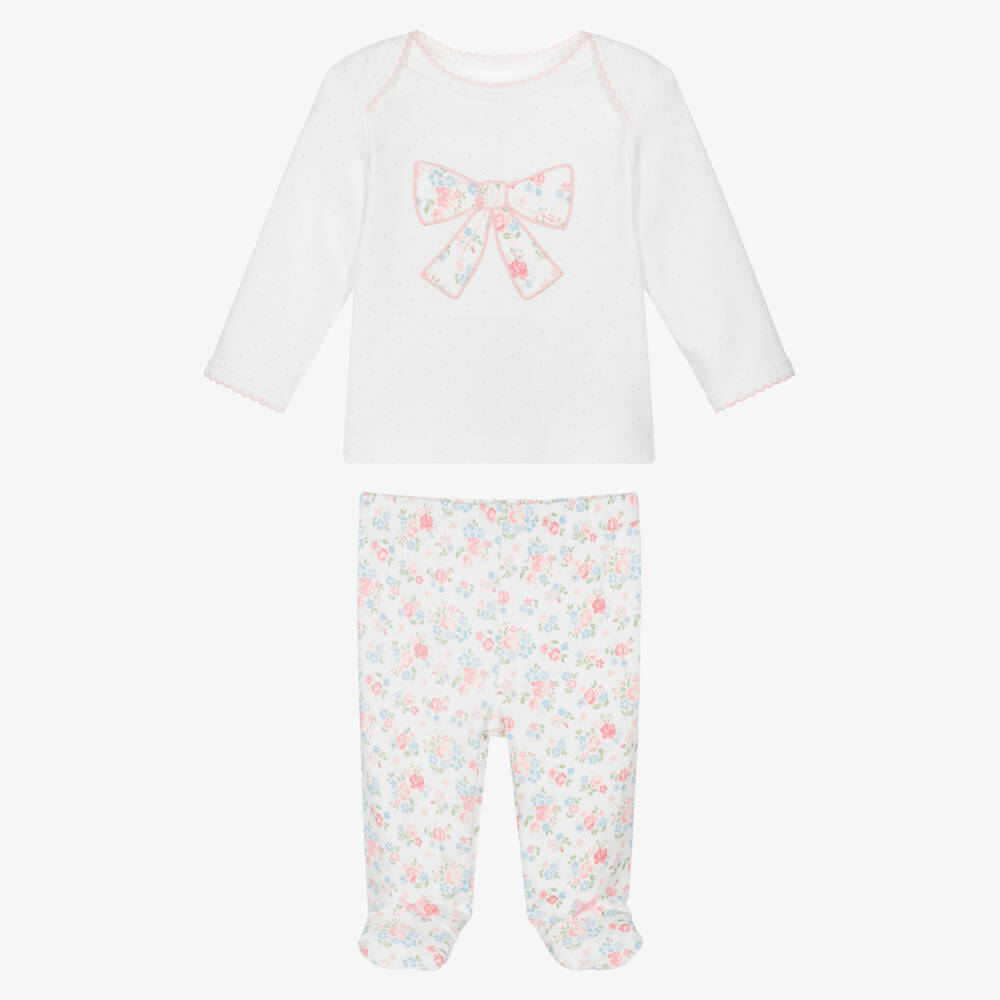 Little Me-Baby Girls White & Pink Cotton Floral Bow Babygrow Set | Childrensalon Outlet