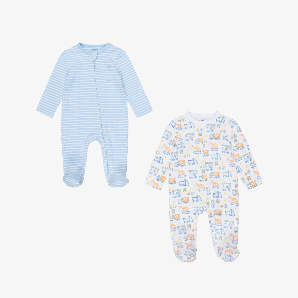 Little Me-Boys Blue & White Babysuits with Trucks & Stripes (2 Pack) | Childrensalon Outlet