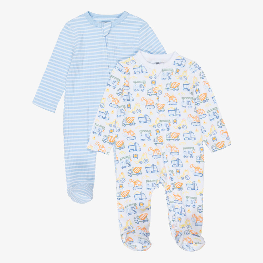 Little Me-Boys Blue & White Babysuits with Trucks & Stripes (2 Pack) | Childrensalon Outlet