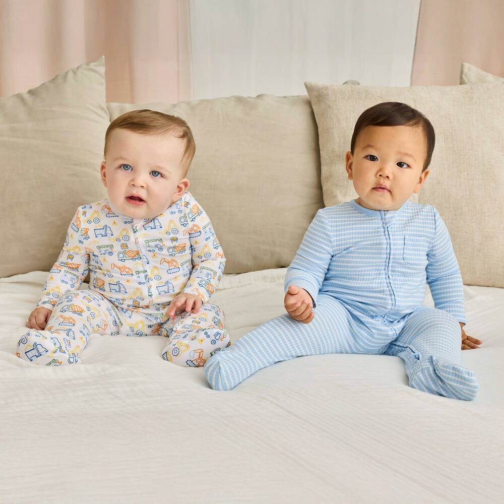 Little Me-Boys Blue & White Babysuits with Trucks & Stripes (2 Pack) | Childrensalon Outlet
