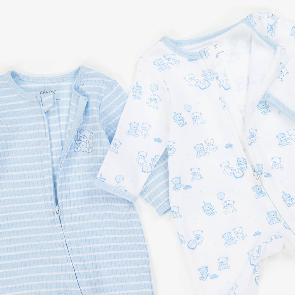 Little Me-Boys Blue & White Cotton Teddy Bears Babygrows (2 Pack) | Childrensalon Outlet
