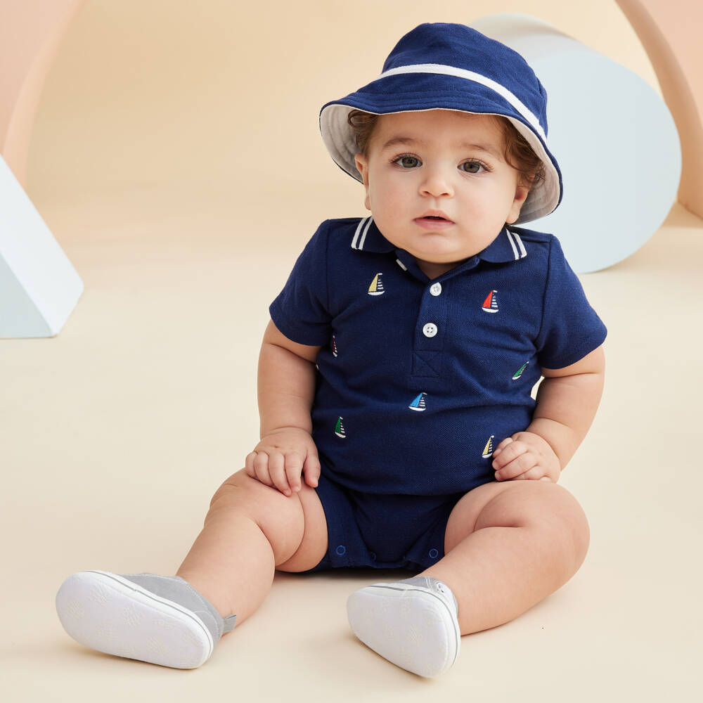 Little Me-Boys Nautical Blue Cotton Romper Set | Childrensalon Outlet