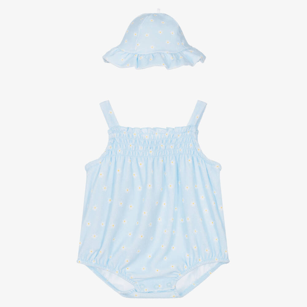 Little Me-Girls Blue Daisy Towelling Romper Set | Childrensalon Outlet