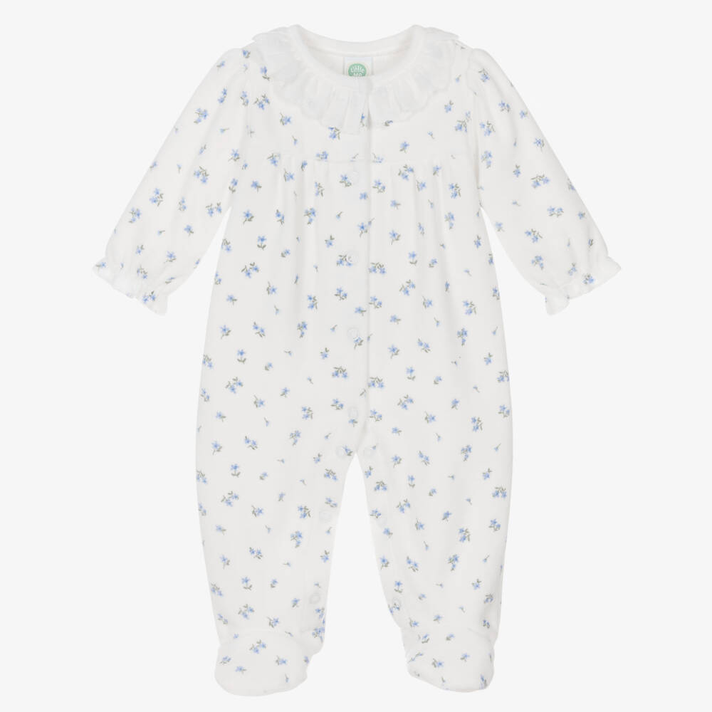 Little Me-Girls White & Blue Floral Cotton Velour Babygrow | Childrensalon Outlet