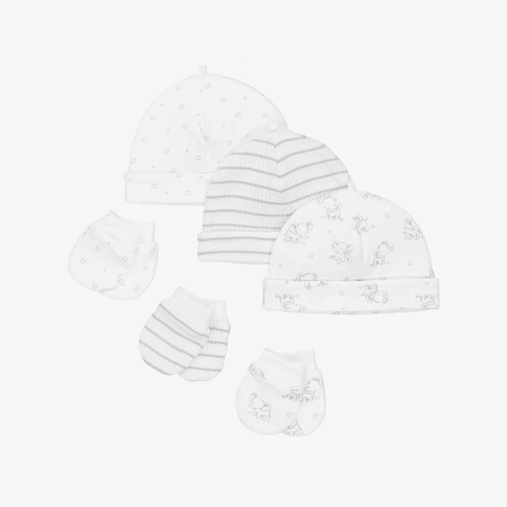 Little Me-White & Grey Baby Elephant Cotton Hat & Mittens Set | Childrensalon Outlet
