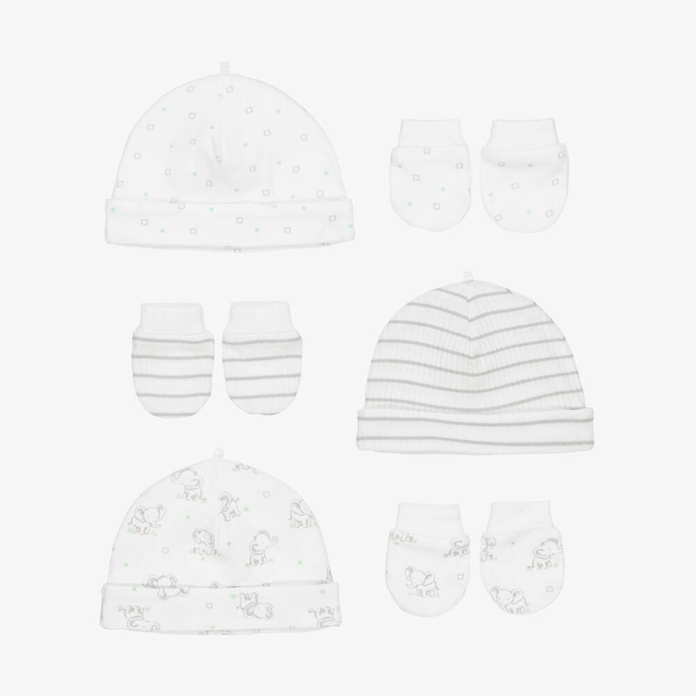 Little Me-White & Grey Baby Elephant Cotton Hat & Mittens Set | Childrensalon Outlet