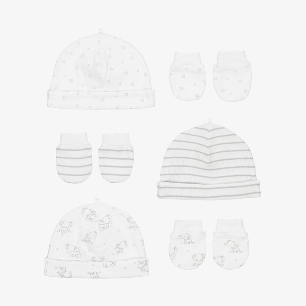 Little Me-White & Grey Baby Elephant Cotton Hat & Mittens Set | Childrensalon Outlet