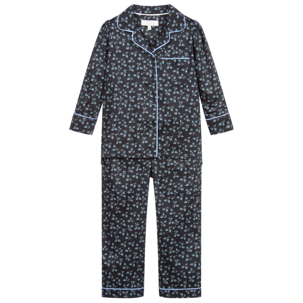 LiTTLE YOLKE - Pyjama mit Blattmuster in Schwarz und Blau | Childrensalon