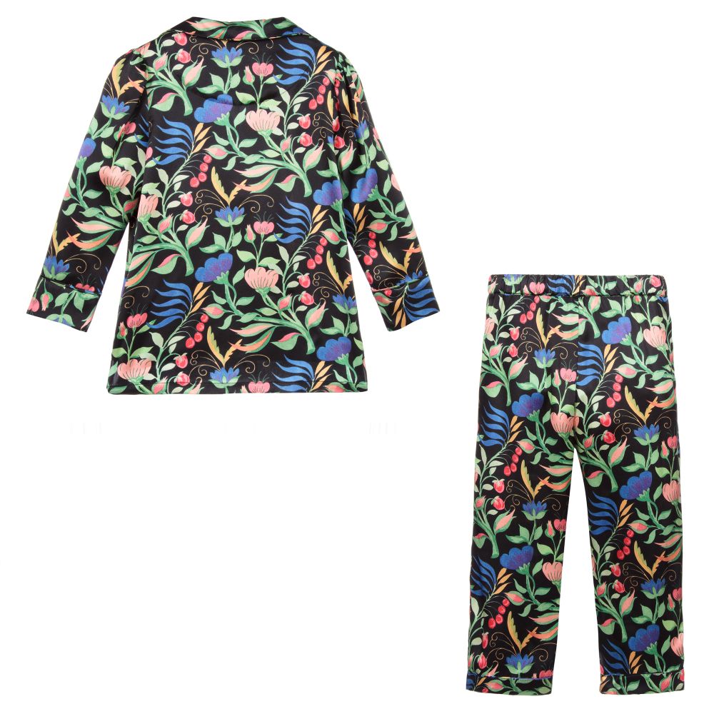 LiTTLE YOLKE-Черная шелковая пижама с цветочным рисунком | Childrensalon Outlet