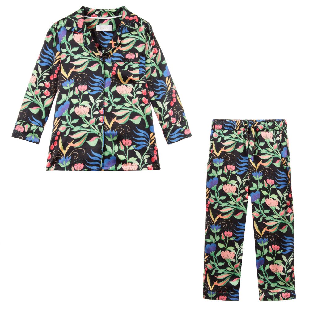 LiTTLE YOLKE-Черная шелковая пижама с цветочным рисунком | Childrensalon Outlet