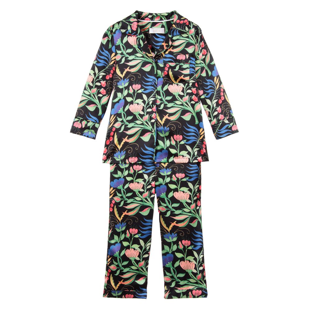 LiTTLE YOLKE - Schwarze Seidenpyjamas mit Blumenmuster | Childrensalon