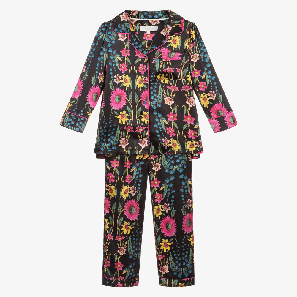 LiTTLE YOLKE - Schwarzer Seiden-Schlafanzug mit Blumen | Childrensalon