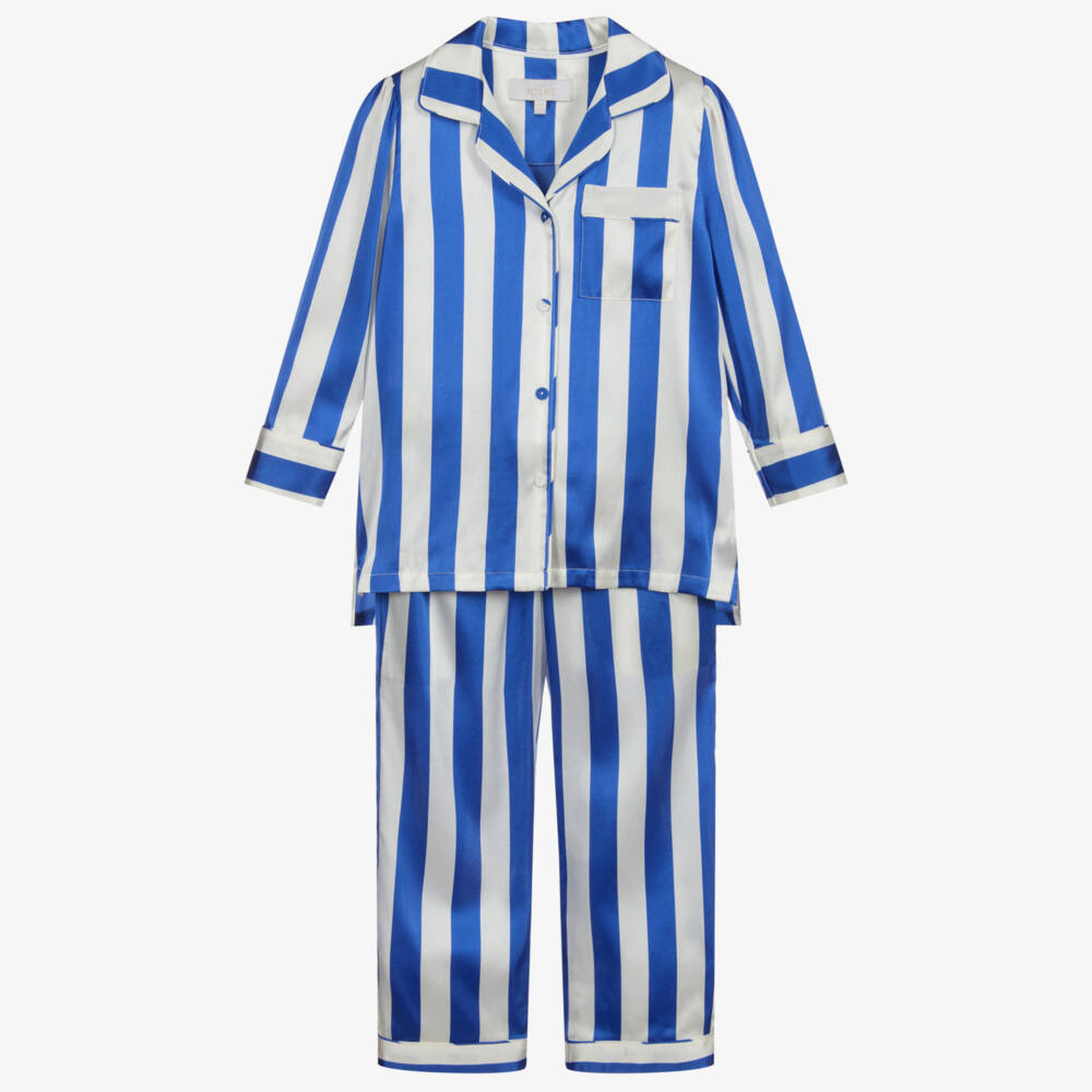 LiTTLE YOLKE-بيجاما مزيج حرير لون أزرق و ابيض للبنات | Childrensalon Outlet