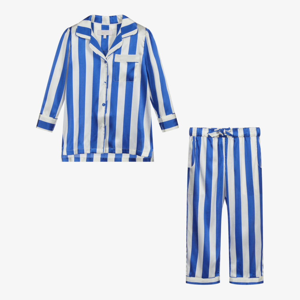 LiTTLE YOLKE-Blue & White Silk Pyjamas | Childrensalon Outlet