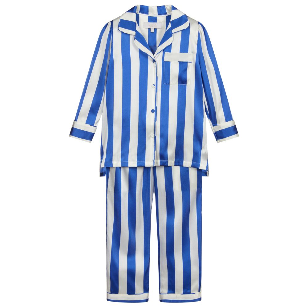 LiTTLE YOLKE - Blue & White Silk Pyjamas | Childrensalon