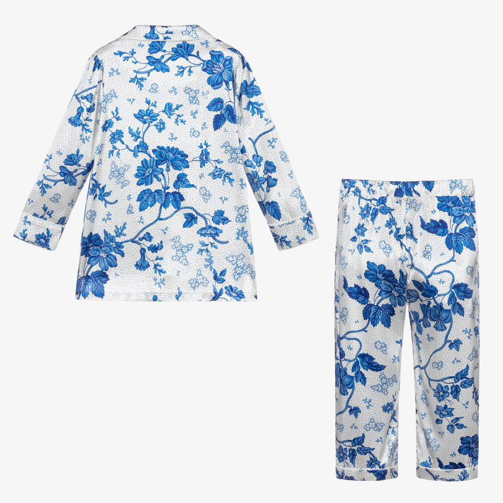 LITTLE YOLKE Girls Blue White Silk Pyjamas