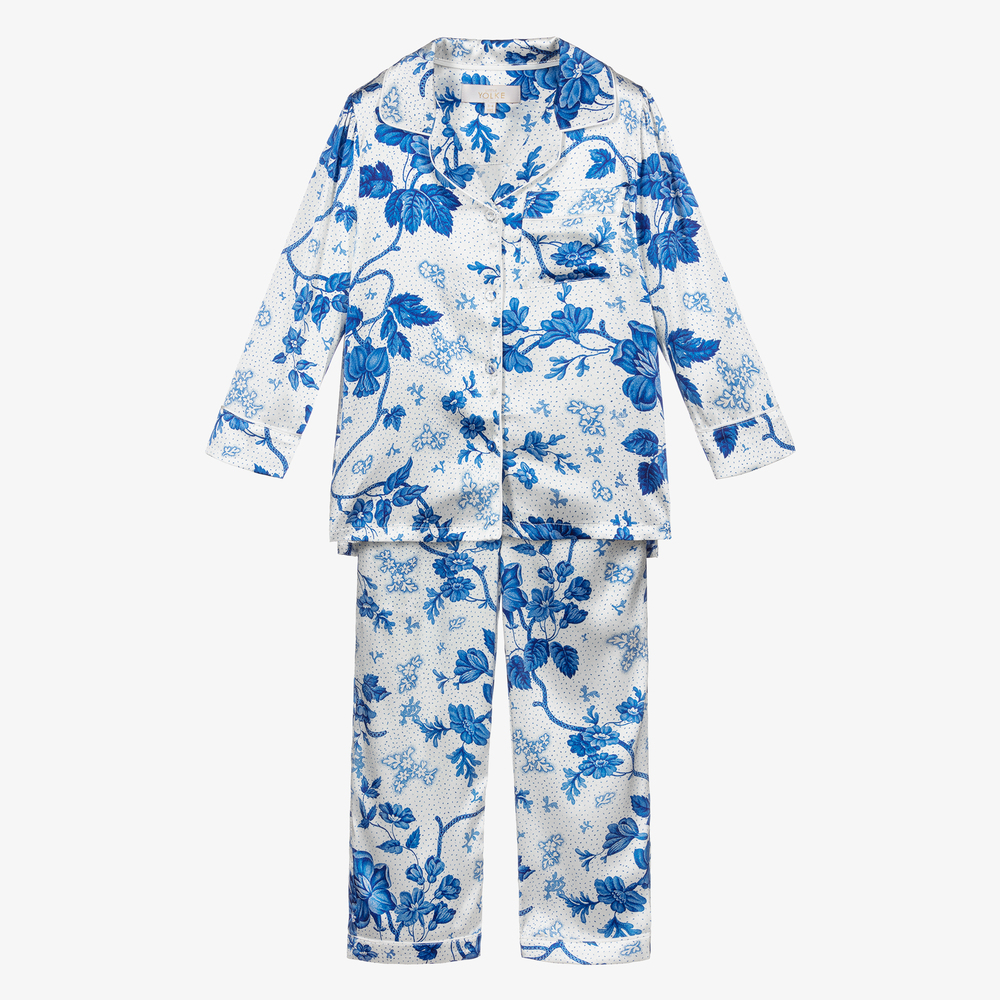 LiTTLE YOLKE - Seiden-Schlafanzug in Blau und Weiß | Childrensalon