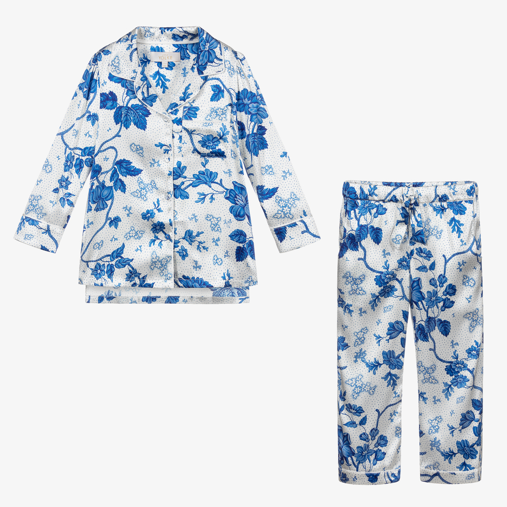 ليتل يولك-بيجاما حرير لون أبيض وأزرق للبنات | Childrensalon Outlet