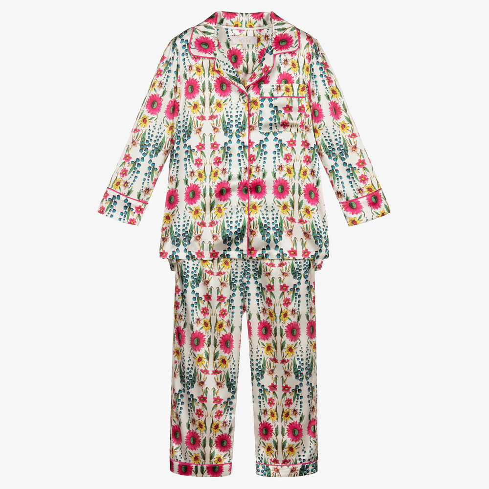 LiTTLE YOLKE - Ivory Floral Silk Pyjamas | Childrensalon