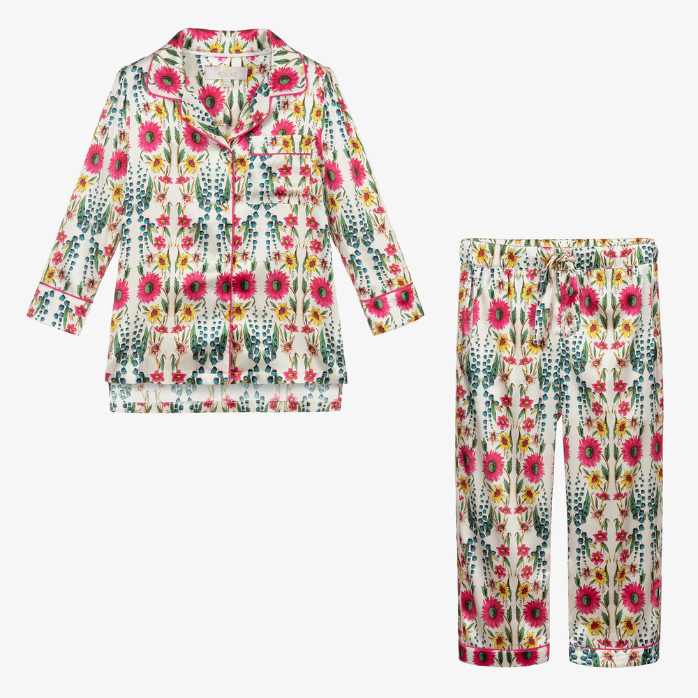 LiTTLE YOLKE-Кремовая шелковая пижама с цветами | Childrensalon Outlet