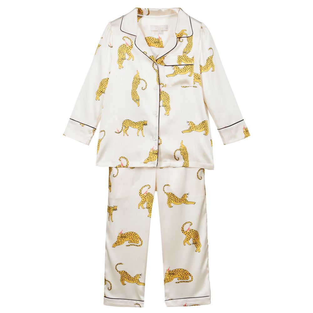 LiTTLE YOLKE - Шелковая пижама цвета айвори с леопардами | Childrensalon
