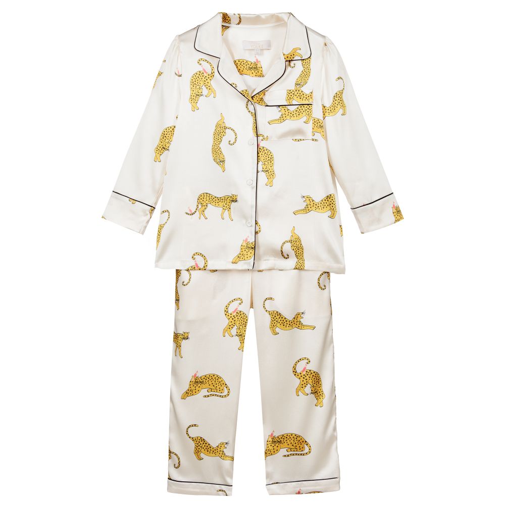 LiTTLE YOLKE - Elfenbeinfarbener Seidenpyjama mit Leoparden | Childrensalon