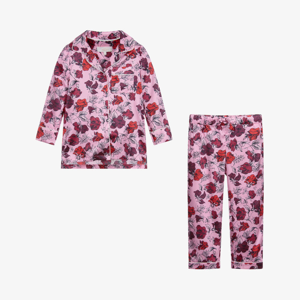 LiTTLE YOLKE-Pink Silk Floral Pyjamas | Childrensalon Outlet