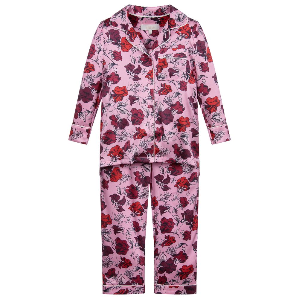 LiTTLE YOLKE - Rosafarbener, geblümter Seiden-Pyjama | Childrensalon