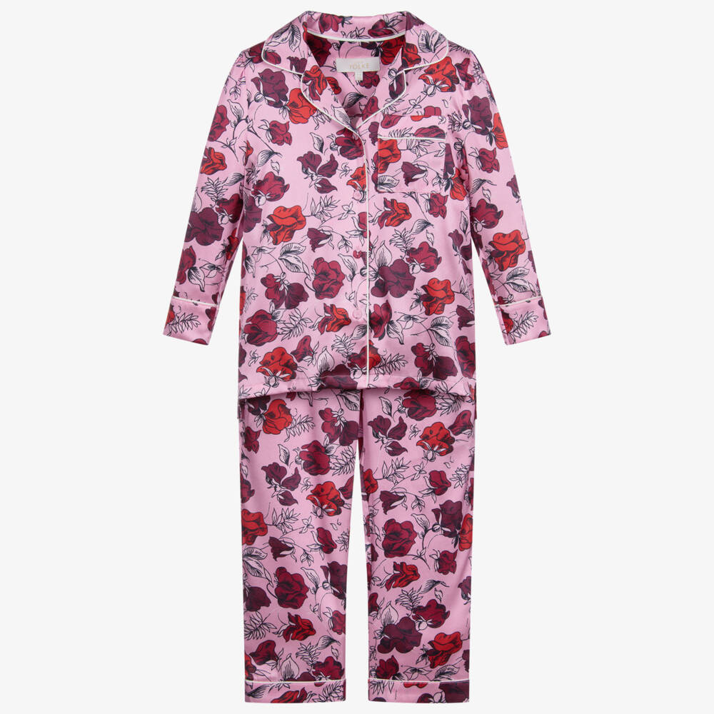 LiTTLE YOLKE-بيجاما مزيج حرير لون زهري بطبعة ورود للبنات | Childrensalon Outlet