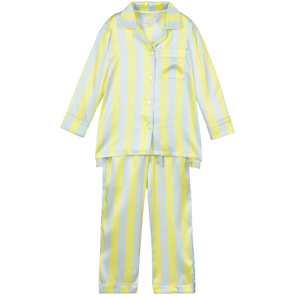 LiTTLE YOLKE - Seidenpyjama in Gelb und Blau | Childrensalon