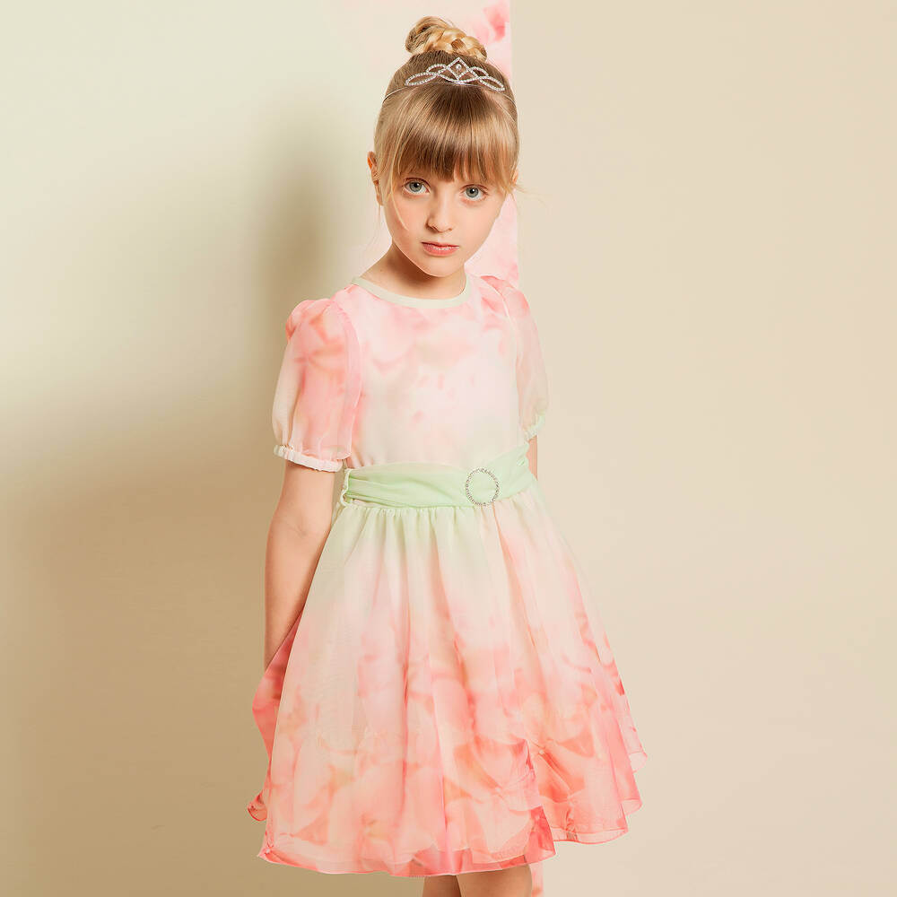 Loredana-Pink & Green Chiffon Dress | Childrensalon Outlet