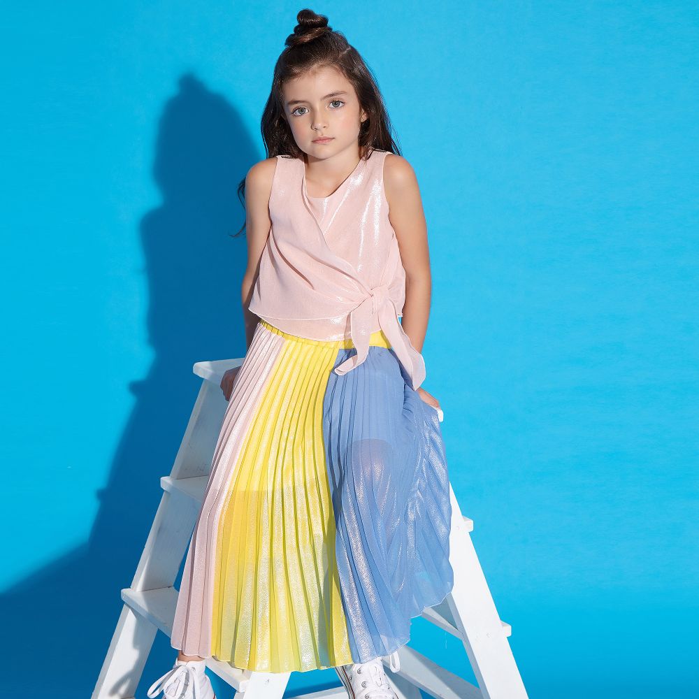Pink yellow pleated online skirt