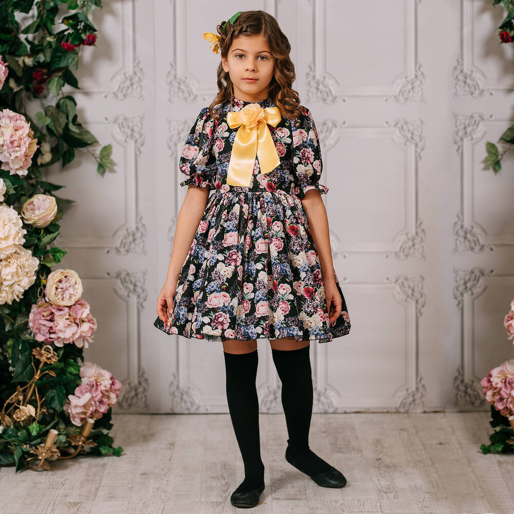 لاف ميد لاف-فستان شيفون  بطبعة ورود  لون أسود | Childrensalon Outlet