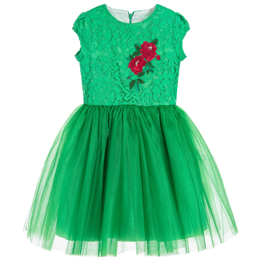 Love Made Love - Girls Green Cotton Lace & Tulle Dress | Childrensalon