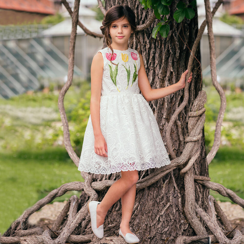 Love Made Love-فستان توليب دانتيل  مطرز لون أبيض | Childrensalon Outlet