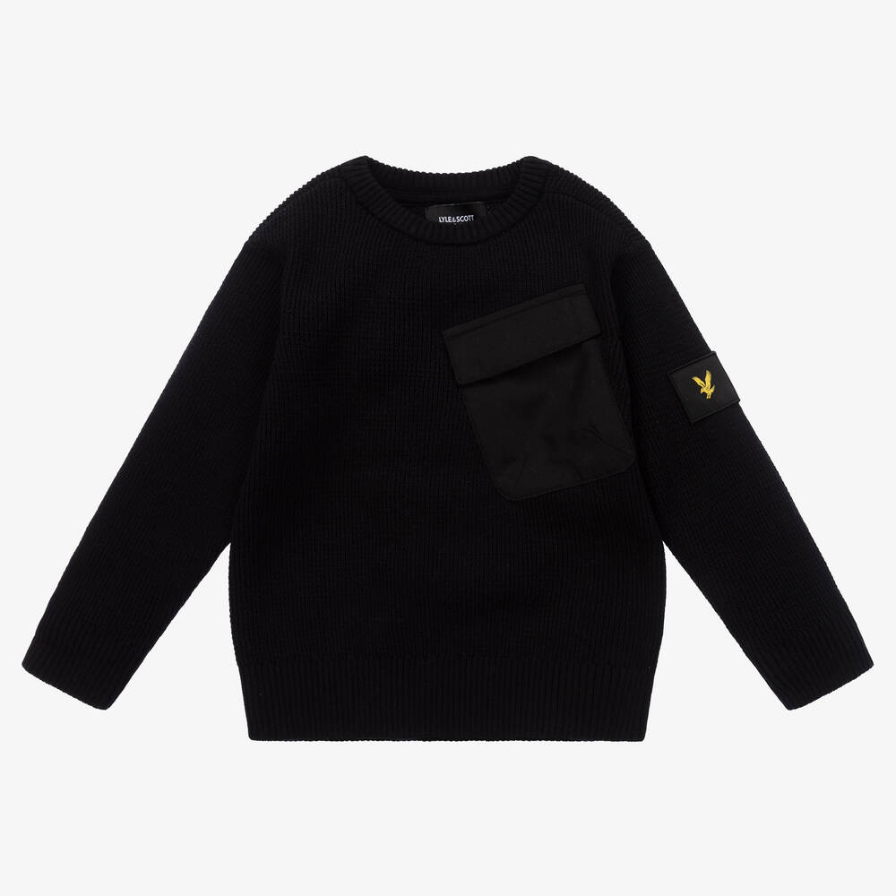Lyle & Scott - Boys Black Knitted Cotton Logo Sweater | Childrensalon