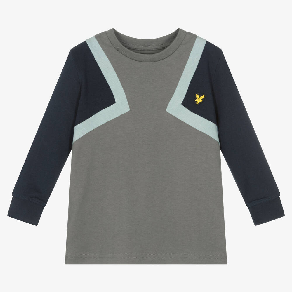 Lyle & Scott - Boys Grey Cotton Colourblock Top | Childrensalon