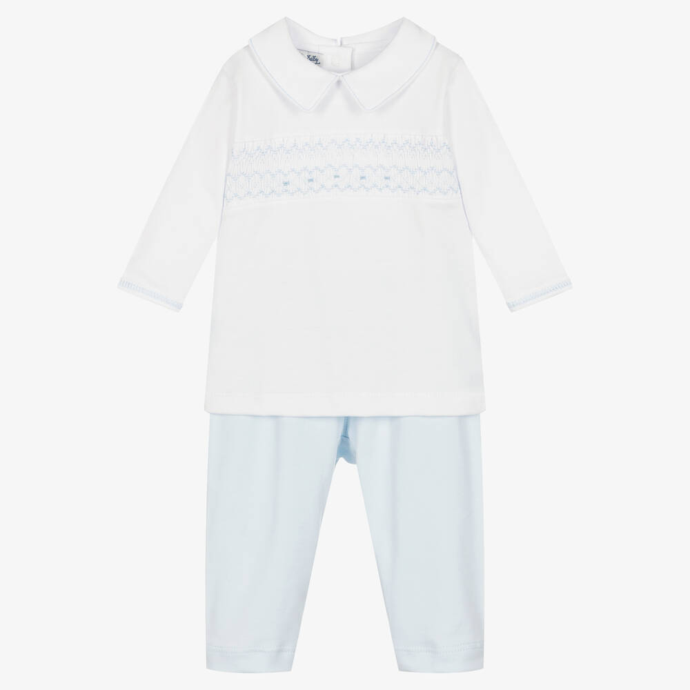 Magnolia Baby - Baby Boys White & Blue Cotton Trouser Set | Childrensalon