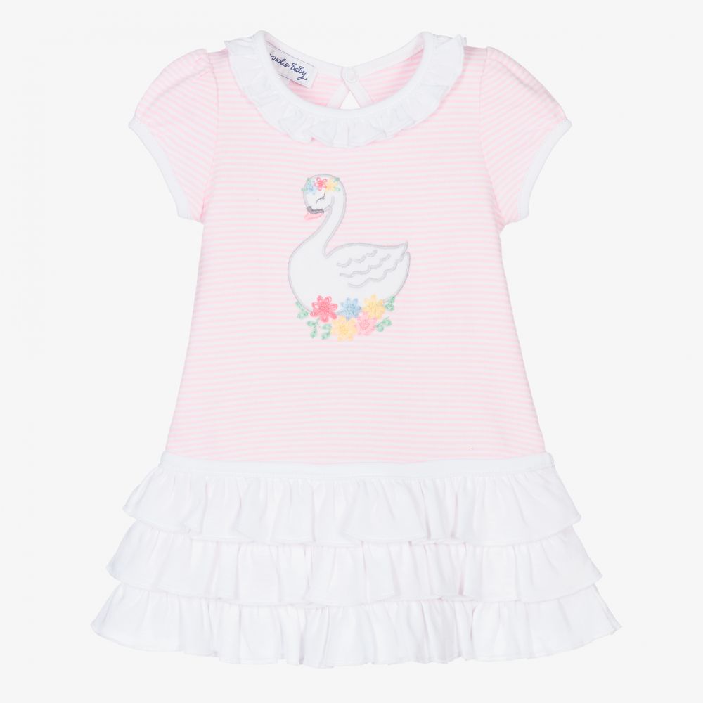 Magnolia Baby - طقم فستان قطن جيرسي لون زهري وأبيض للمولودات | Childrensalon