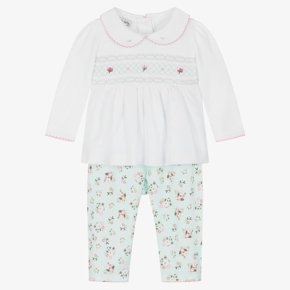 Magnolia Baby - Baby Girls White & Green Cotton Trouser Set | Childrensalon